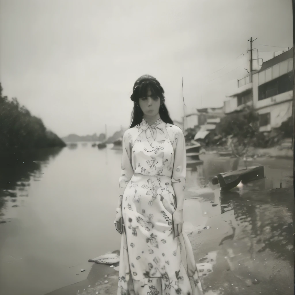 Black and white photography、Young woman photographed、Riverside、cluster