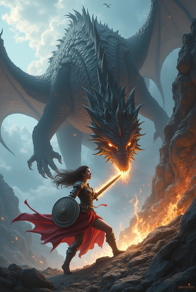 Woman fighting a dragon