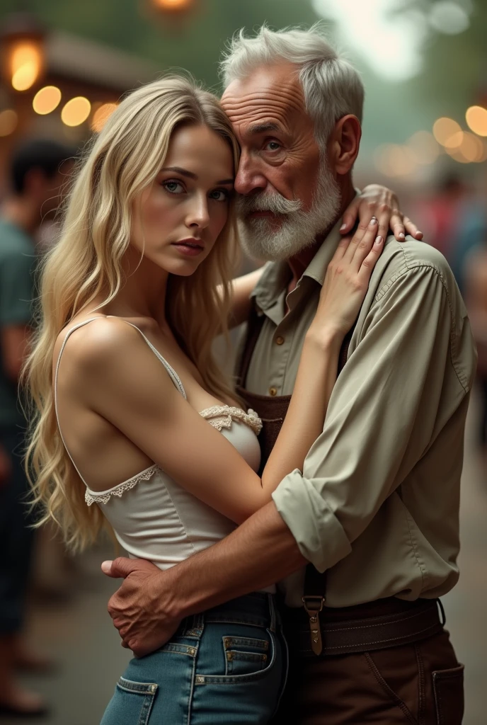 artistic portrait of a thin woman , breasts small, hair blonde, arm behind the back, Waist slender, standing, Serious countenance, gorgeous attractive face, Hugging an very old man while he caresses her breasts. look in: oktoberfest, canon 50 mm, analog style. Cleavage. Xposed breasts.