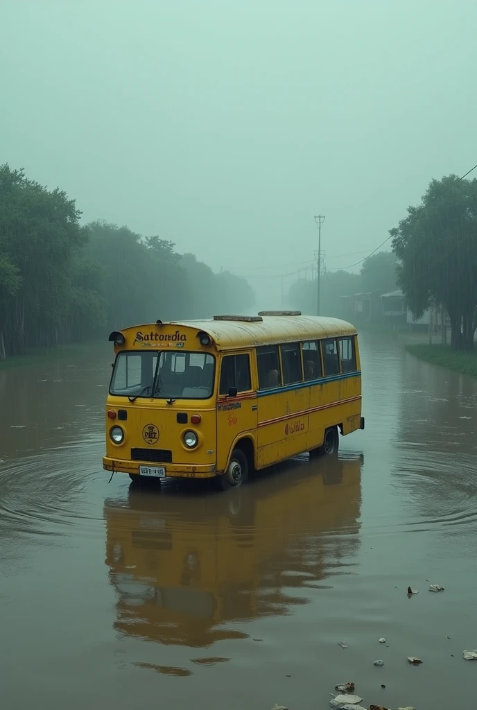 Create an AI-generated image of simple yellow bus with logo " ULAB" strucked on road becase of flood in Bangladesh . make it realistic . bus cant move bebecause of water of flood.