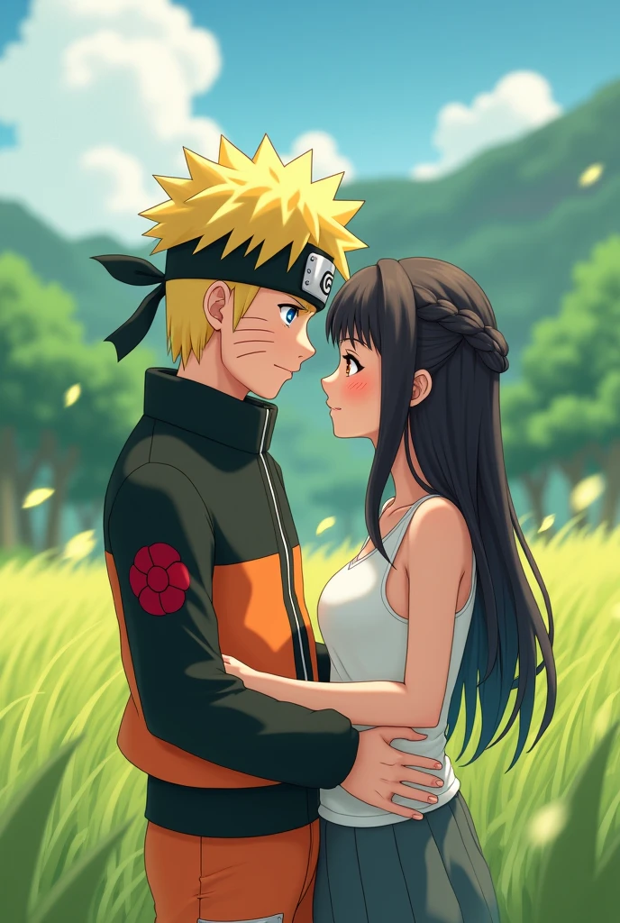 Naruto and his beautiful japanese girl friend sleeveless with braided hair, grass fields, she blushed, anime