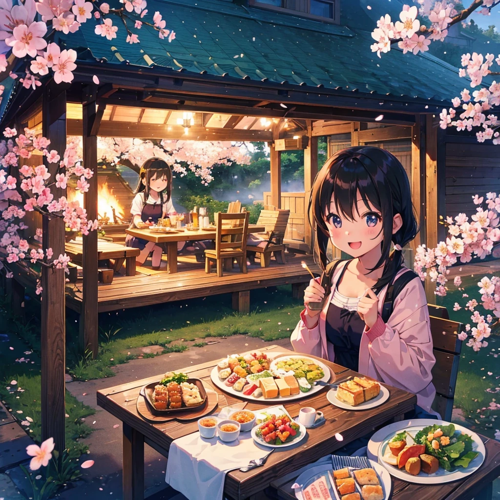 2 cute girls, cherry blossom viewing, drinking beer, hors d'oeuvre, happy smile, red face, camping sheet, lots of dishes, sakurafubuki