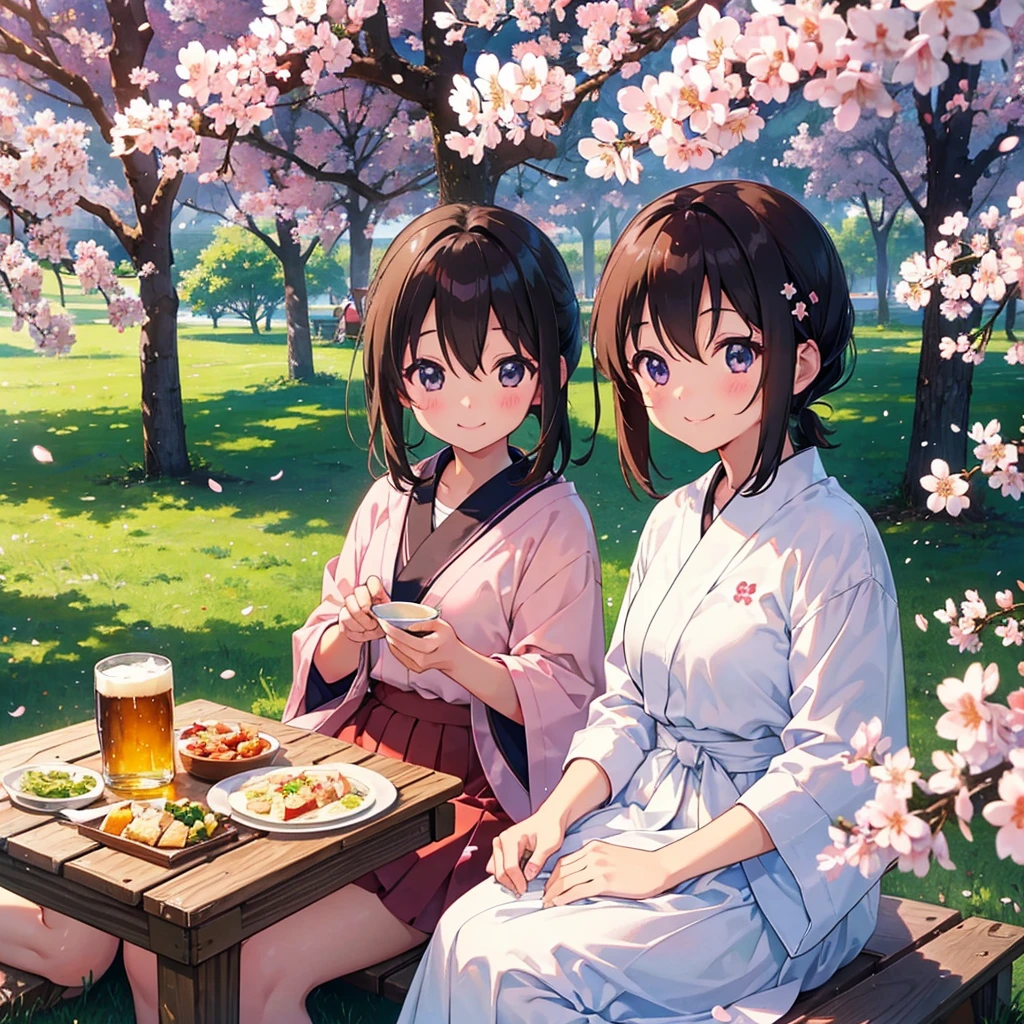 2 cute girls, cherry blossom viewing, drinking beer, hors d'oeuvre, happy smile, red face, camping sheet, lots of dishes, sakurafubuki