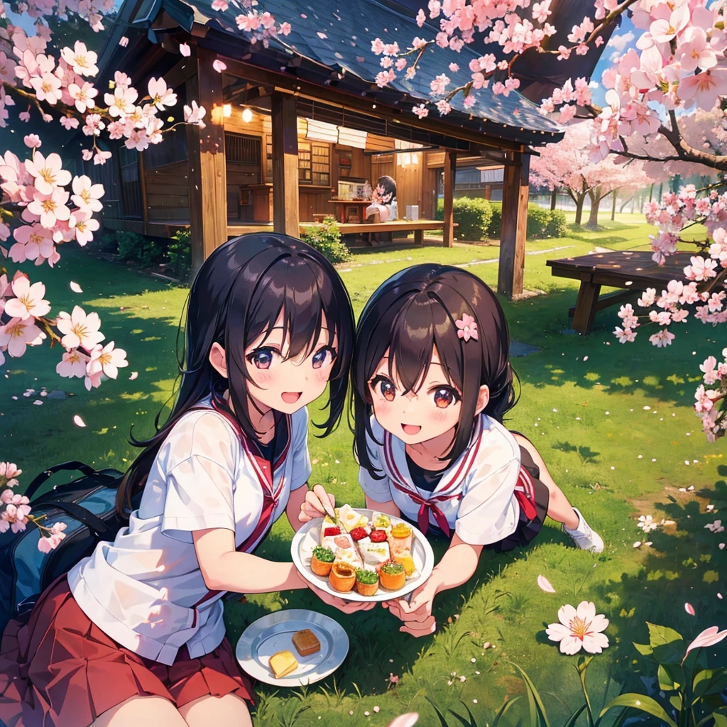 2 cute girls, cherry blossom viewing, drinking beer, hors d'oeuvre, happy smile, red face, camping sheet, lots of dishes, sakurafubuki