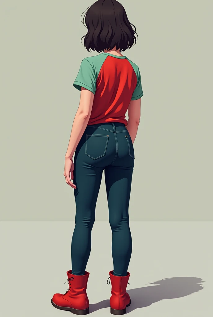 Girl who is wearing dark blue tight trousers has her back facing the camera and her feet are visible red t shirt with light green sleeves