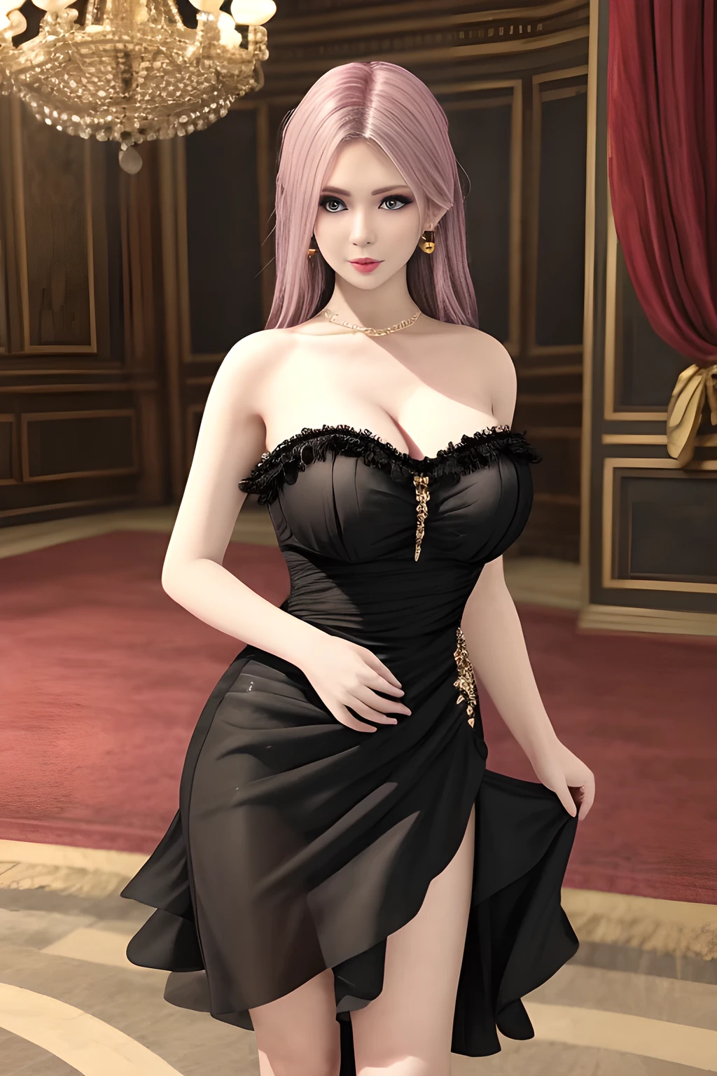 1girl ,flirtatious expression, wearing an elegant black strapless dress. The perspective-dress is beautifully designed with ruching on the bodice and a cascading ruffled asymmetrical hem, adding a playful and chic touch to the outfit. The person is standing upright, with one hand gently touching their leg and the other hand relaxed by their side. The background is plain and neutral, drawing attention to the dress itself. The lighting is soft, highlighting the details of the dress and creating a fashionable and stylish atmosphere,, huge breasts,mature women, elise