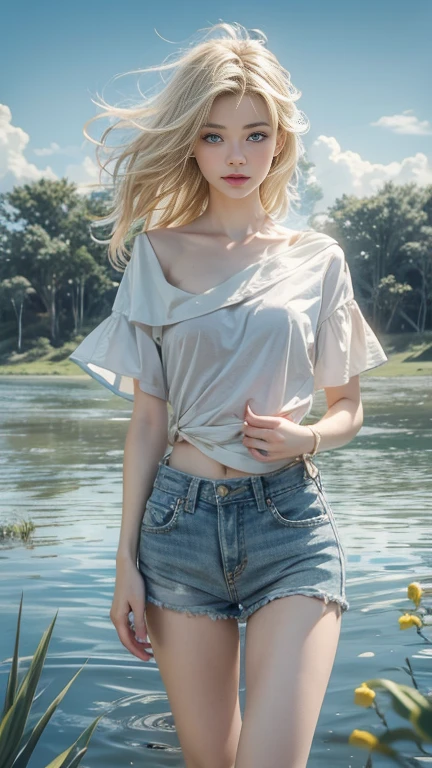 ((high-definition images, masterpiece, atmospheric perspective, 8k, super detail, accurate, best quality, single shot)), (((a westerner cute women with masturbation))), (casual style), jacket, unbuttoned shirt, swollen areoles, (round face, eyes realistic sizing, drooping eyes, blush, smile), (((standing and spread legs, focus on pubic hair))), (in the forest, mountain, rock, thin river, at night), blond braid hair, tiny earrings, thin necklace, (light makeup), 