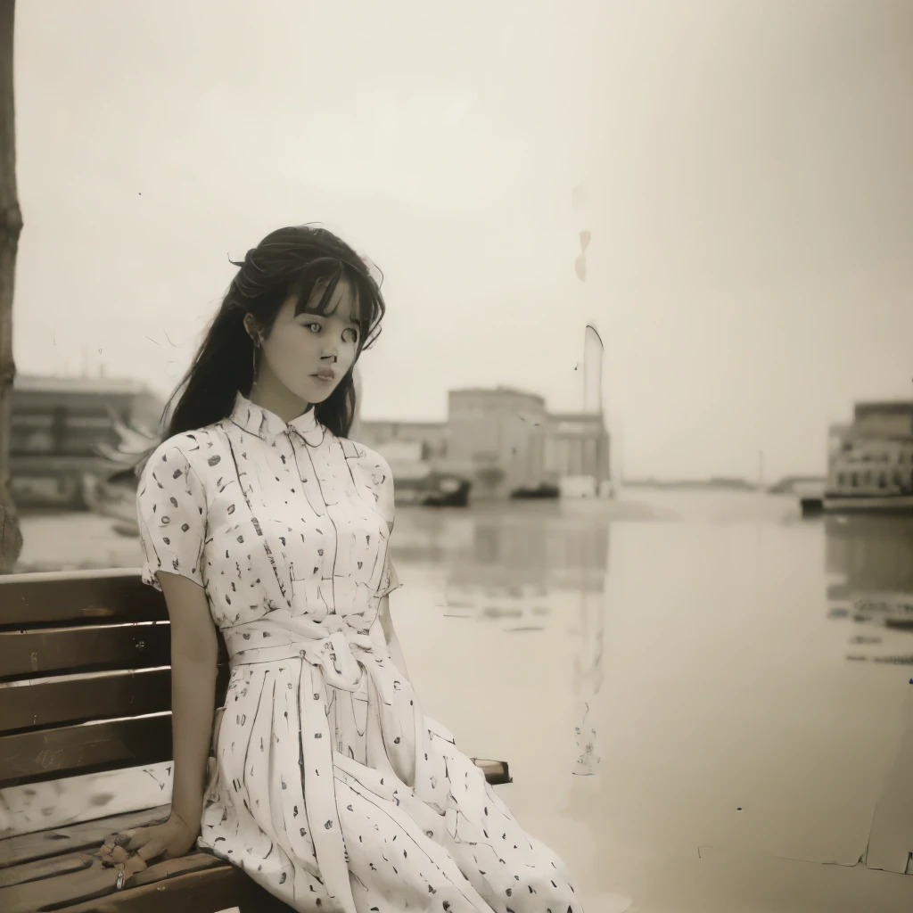 Black and white photography、Young woman photographed、sitting on a park bench