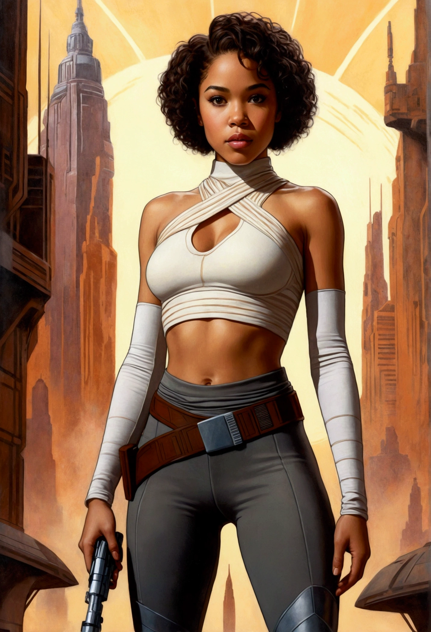 An illustrated movie poster, hand-drawn, full color, a age Jedi, 18-years-old, female, wearing a crop top and leggings, athletic hourglass figure, busty bosoms, full wide hips, massive round butt, long shapely legs, ridiculously thick powerful thighs, hazel eyes, dark hair, kinky curly bob cut, warm brown complexion, resembles Alexandra Shipp, standing above Coruscant, graphite shading, stencil marks, airbrushed acrylic paint, masterpiece, in the style of Drew Struzan