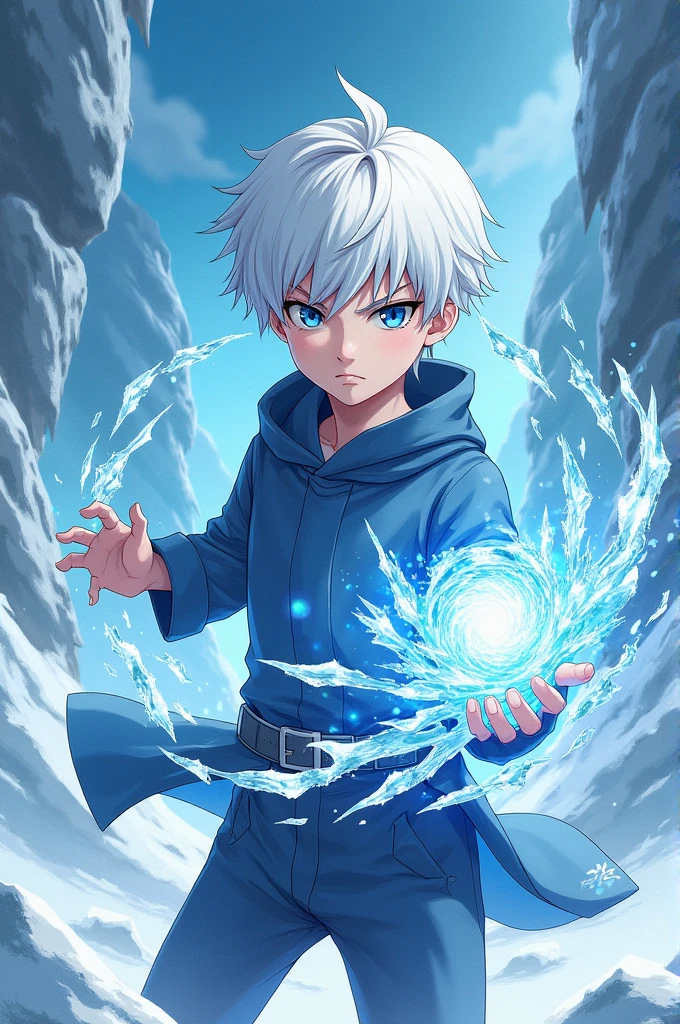 A manga boy with short white hair and eyes. Blue and has the power of ice