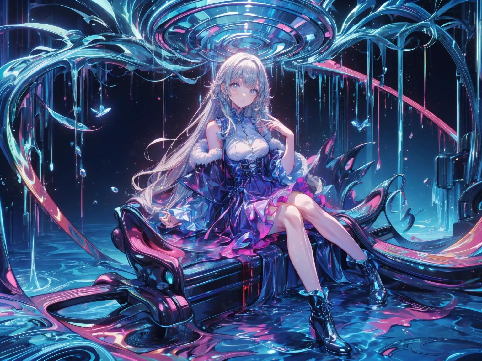 (Highest quality,4K,High resolution,masterpiece:1.2),Very detailed,Realistic:1.37,,(whole body, legs and 靴 visible: 1.2),、The thief、Thief、10 convictions、Criminal Woman、bad woman、To rob、Raiding the store、Anime Style、Storytelling、、beautiful girl、とてもcute天使、Pink Gothic Dress、cute、Baby Face、smile、Long skirt、Blood splatter,(Blood splatter:1.1),Black long boots、(クレイジーなsmile:1.3)、クレイジーなsmile, beautiful, Delicate facial features, Sharp Eye, Sharp Fangs, Mouth very open, Bare your teeth,Sharp teeth like a beast, Very wide lips, Very wide mouth, Vermilion cheeks,、Big Breasts、Hair band