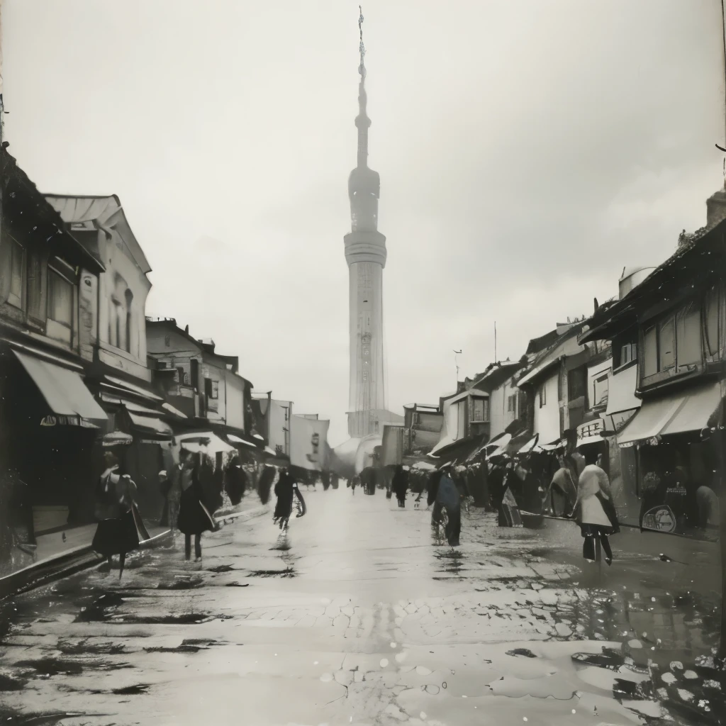 Black and white photography、Young woman photographed、The hustle and bustle of downtown Tokyo