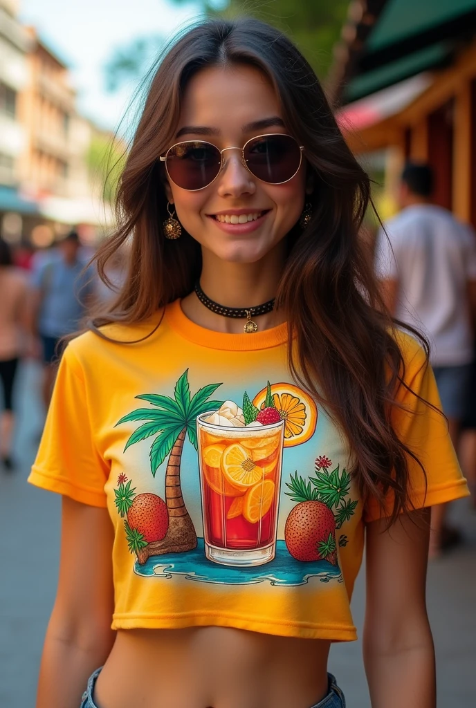 Chilean croptop printed t-shirt with a drawing of a drink called terremoto. T-shirts inspired by Brazilian short t-shirts.