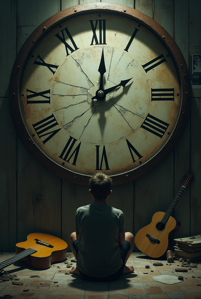 sad with a big old broken clock and a guitar in the background
