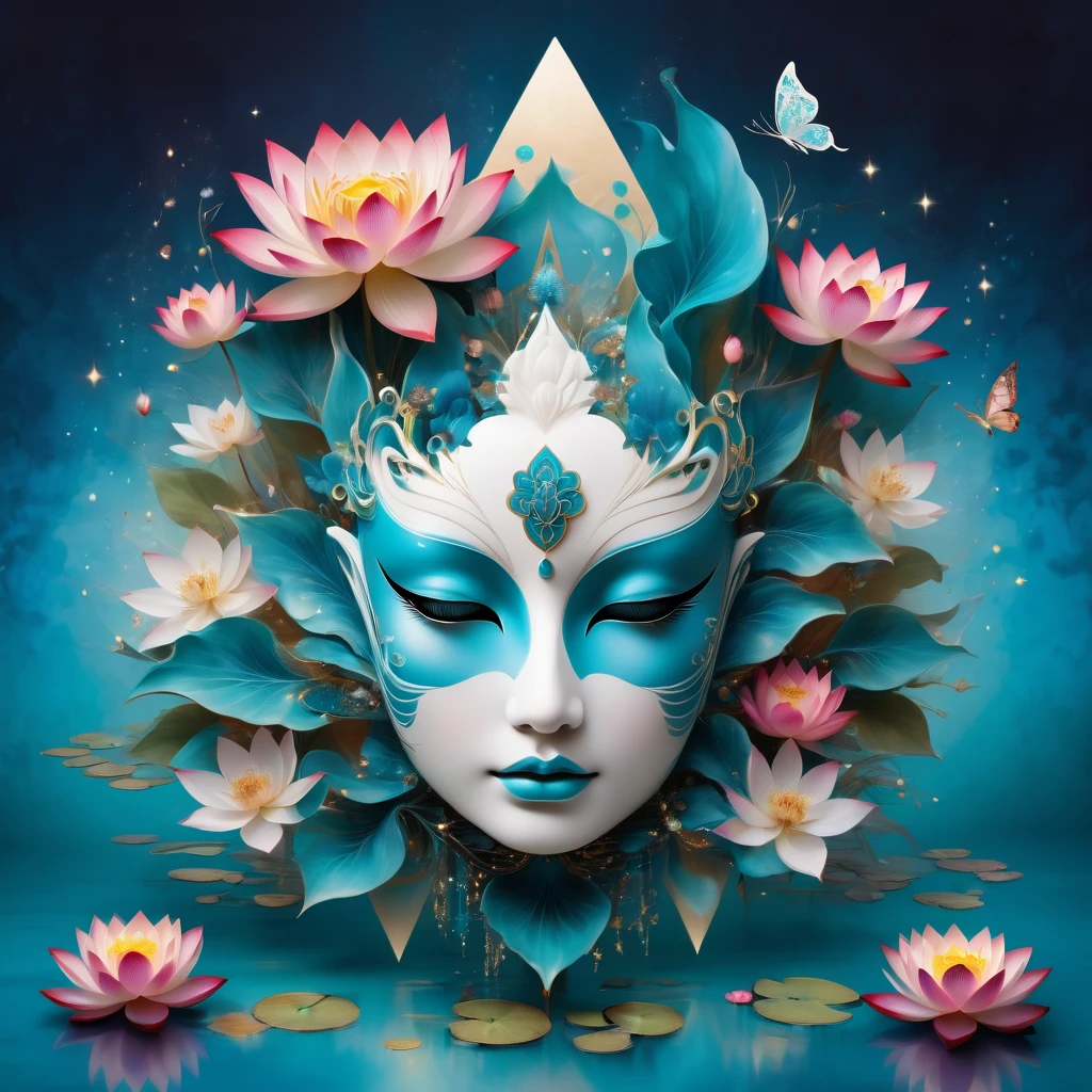 Imagine a tranquil scene inspired by Buddhist philosophy,A vibrant lotus flower against a background of intense turquoise tones。The lotus symbolizes purity and enlightenment,Complex petals bloom,Exudes a feeling of tranquility。As you look deeper into the image,You'll notice a mandala-like arrangement,The constellations are elegantly arranged。Fusion of Buddhist Symbolism and Astrological Elements,Consistency,Induce contemplation and a timeless sense of connection。(The sculpture is surrealist and realistic: 1.5), (the Kane,Blue and white porcelain mask), (Metallic wings: 1.2), (Futuristic fox mask: 1.2), (Arte fractal pop kawaii da Internet: 1.6), (Tobias Gramler (Tobias Gramler) artwork style,smooth shapes: 1.6), (Organic geometric mixing: 1.6),ultra-high resolution: 1.4),(particle effect: 1.4), (Depth of field: 1.4), (geometric point abstraction: 1.6), (generative fluid fractal algorithm: 1.6).