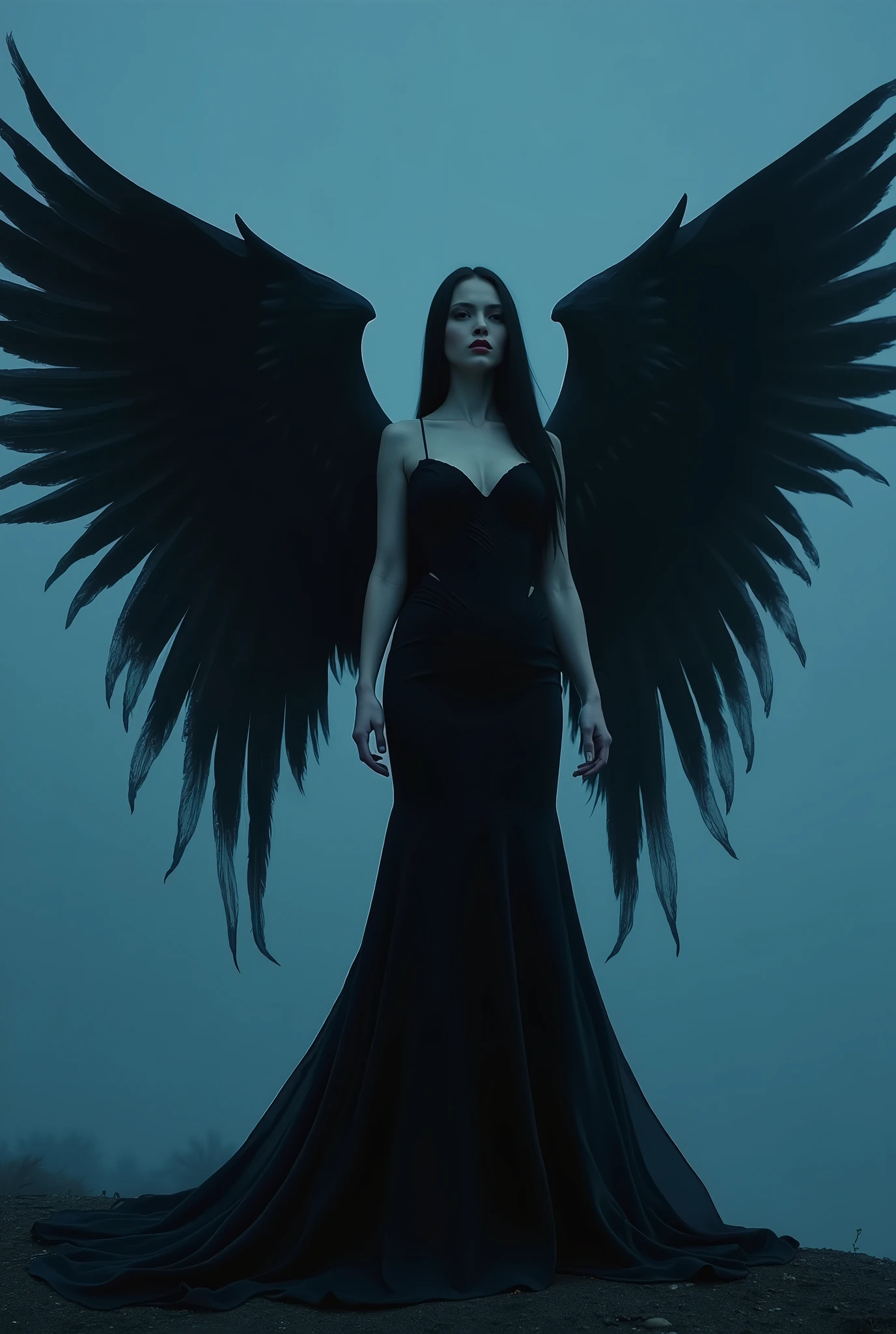 A woman in a long (suggestive dress) of a gothic style, body with pale skin, hair lifted by the wind, straight long black hair, two pairs of black wings, spread black wings, thick thighs, full body, turned legs, (full sky of background:1.2), deep blue tones, soft lighting, (masterpiece, best quality:1.2)