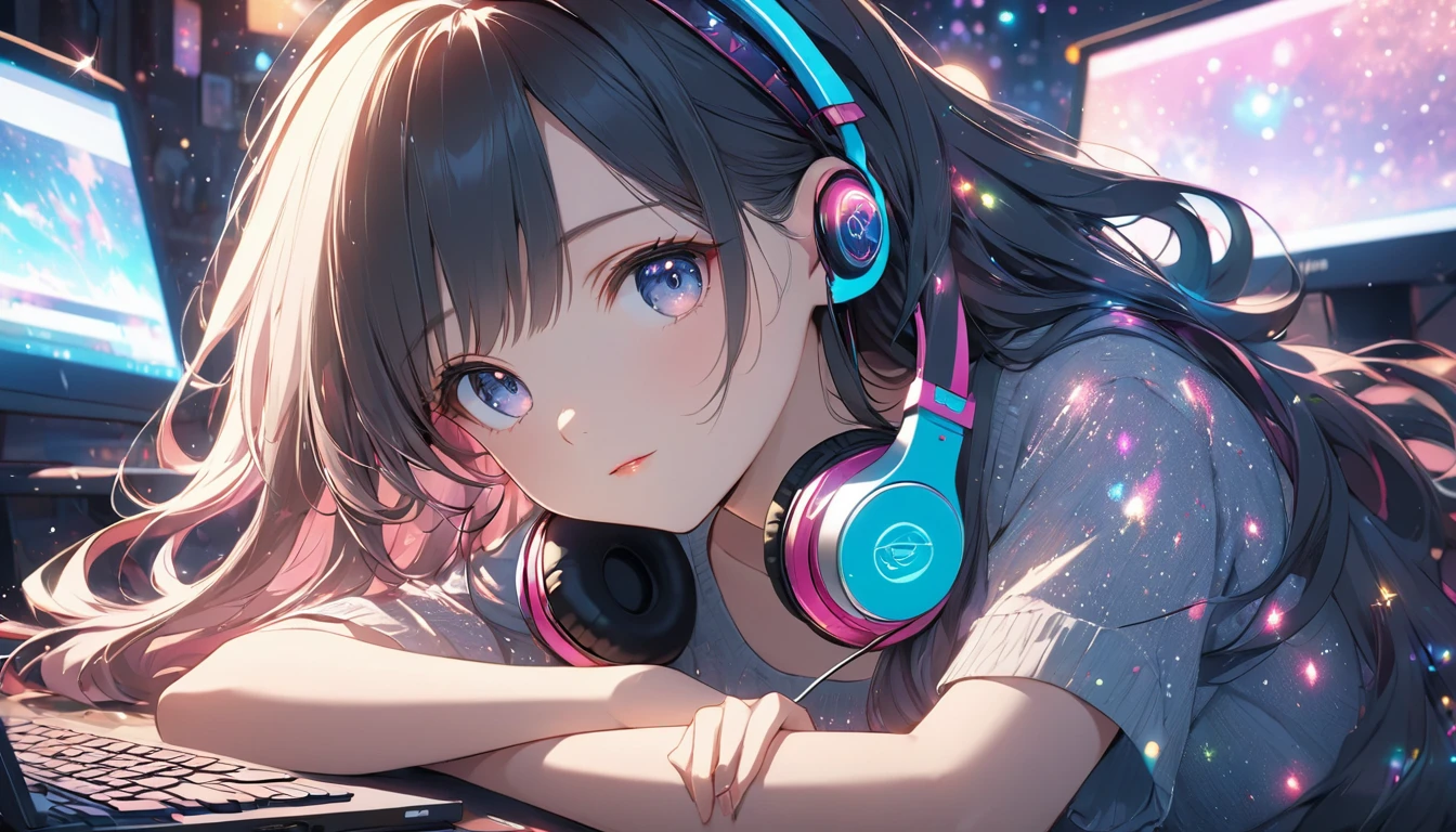 Highest quality, Intricate details, Very delicate, so beautiful, Highest quality, High Qualite, Very beautiful face, kindness, 超detailed hair, thin, cute, Perfectly symmetrical face, Upper body rest (Beautiful colors,detailed,Highest quality,Great quality,so beautiful),Lighting particles, Casual Fashion, Headphones,computer, Glitter, long hair, Anime Style 4 k, art wallpaper 8k, LOFI Girl, 4K anime atmosphere, Lo-fi art style, Anime Style, 8k, Stylish room