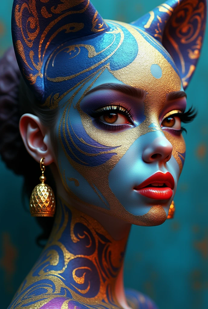 This is an awe-inspiring 3D render of a woman with a captivating feline-inspired appearance. Her face is an abstract masterpiece, with electric blue, radiant gold, and deep purple swirling together in a mesmerizing pattern. Her striking eyes are accentuated by bold makeup, while her lips are painted in a rich shade of red. A dangling geometric earring adorns her feline-like ears. The background artistically combines deep teal and warm brown hues, adding depth and contrast to the metallic color palette. The overall effect is a unique and mesmerizing 3D artistic composition that truly stands out., 3d render