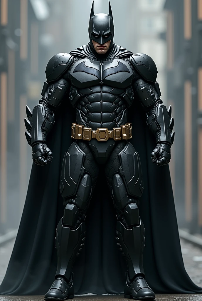 Suppose that Iron Man design a Batman suits color is black and heavy suit and machine gun and missile like war machin armor 