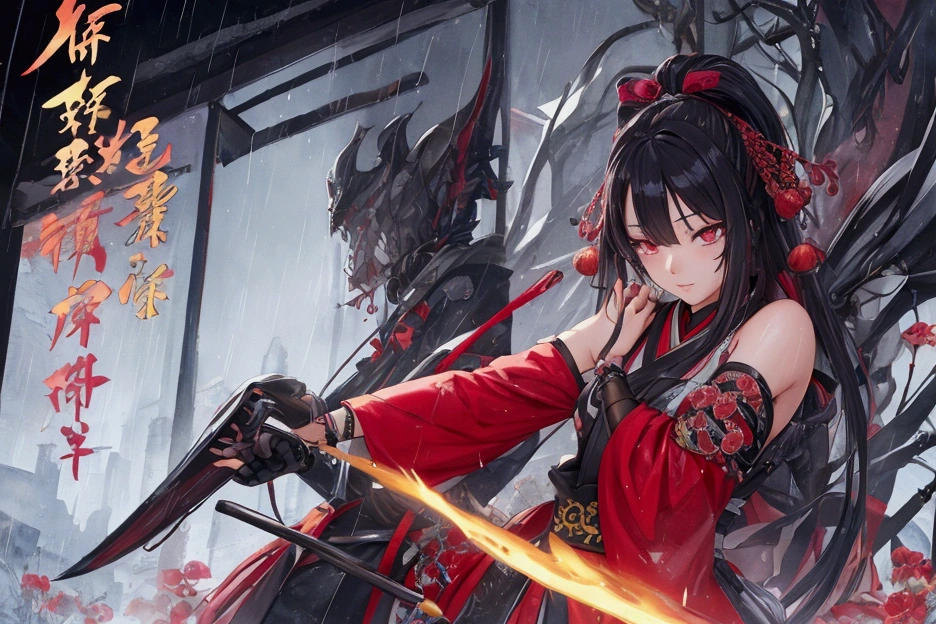 a  sensual  22 yo ninja woman, manga ink style,  digital art, official art, 
blown by the rain and wind, masterpiece, beautiful, watercolor paint splatter, with  words
 in Japanese characters written roughly horizontally, intricate detail. Great details , dripping:0.7, 
Trending on Artstation, Rachel Walker, high detailed