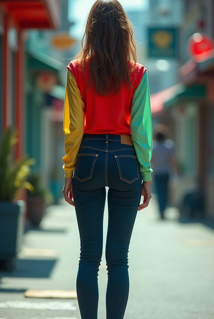 Girl who is wearing dark blue tight trousers has her back facing the camera and her feet are visible red t shirt with light green full sleeves