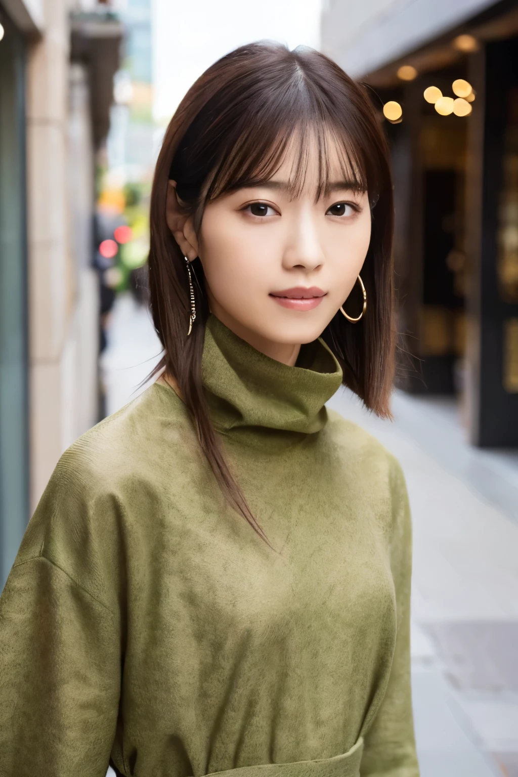 ((top-quality, in 8K, masterpiece:1.3)), Beautiful Japanese woman, perfect body:1.4, Slim abs:1.2, ((Straight hair:1.2)), (turtle neck:1.1), (a street:1.2), wetbody:1.5, Three-dimensional texture, A detailed eye, Brown hair, very thin waist, posterior view, looking back to the viewers