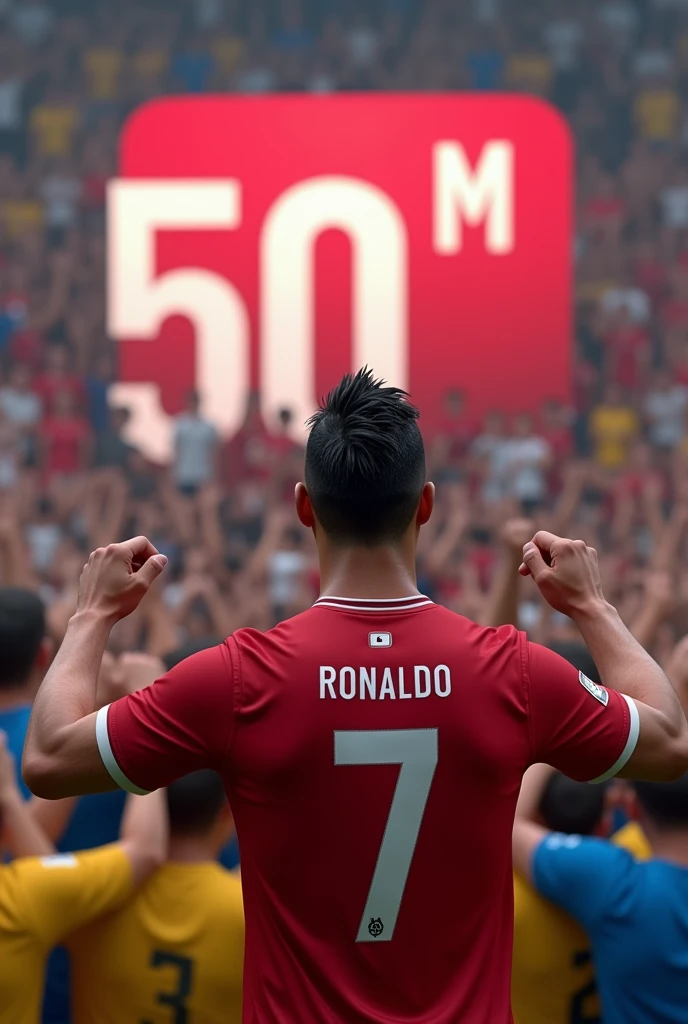 Ronaldo celebrate 50milion youtube subscribers...
A banner shows 50M subscribers done in the background... So many people enjoying and see Ronaldo in background and they wear blue, yellow, white, black, orange tshirts not any jersey...
Ronaldo turn back side, his jersey number 7 and jersey and pant colour is red.... Only a YouTube logo in jersey.... Simple hairstyle
Look real