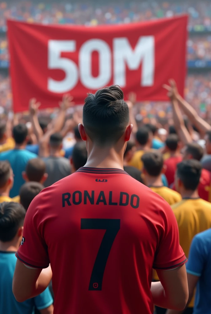 Ronaldo celebrate 50milion youtube subscribers...
A banner shows 50M subscribers done in the background... So many people enjoying and see Ronaldo in background and they wear blue, yellow, white, black, orange tshirts not any jersey...
Ronaldo turn back side, his jersey number 7 and jersey and pant colour is red.... Only a YouTube logo in jersey.... Simple hairstyle
Look real