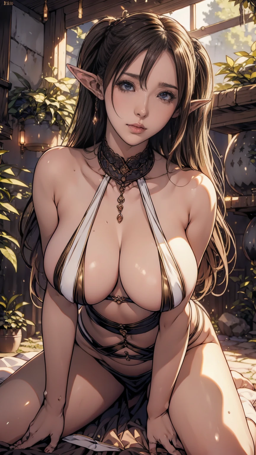 Highest quality}, {so beautiful}, {Very detailed}, {Best illustrations}, Browsing Caution, Realistic, masterpiece, Highest quality, (Beautiful Eyes),  One mature human female, elf outfit、Twin tails、Huge breasts, In a dark and mysterious dungeon, Anxious expression, Wet Face, Wet body, Earrings,Central opening, 、Camel Toe, Great tit, Nipple puffs, Cleavage, Plump, Mature Woman, Looking up from directly below:1.5,fantasy_world, MoriYuki, fighting stance