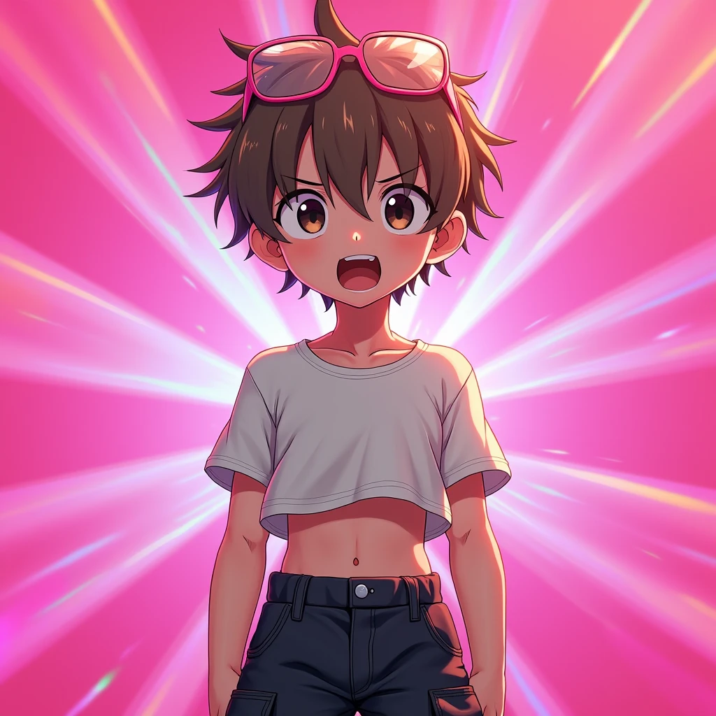 1boy avec les cheveux brun clair courts avec des yeux brun foncé et des lunette rose sur la tête avec un crop top avec des manches courtes en laine blanc et un cargo noir et il est fort rapproché de la caméra on voit sa tête en grand plan trés t’as rapproché de la caméra et il a un visage très expressif ￼
Fond rose flashy et un peu couleur arc-en-ciel ￼
Style anime