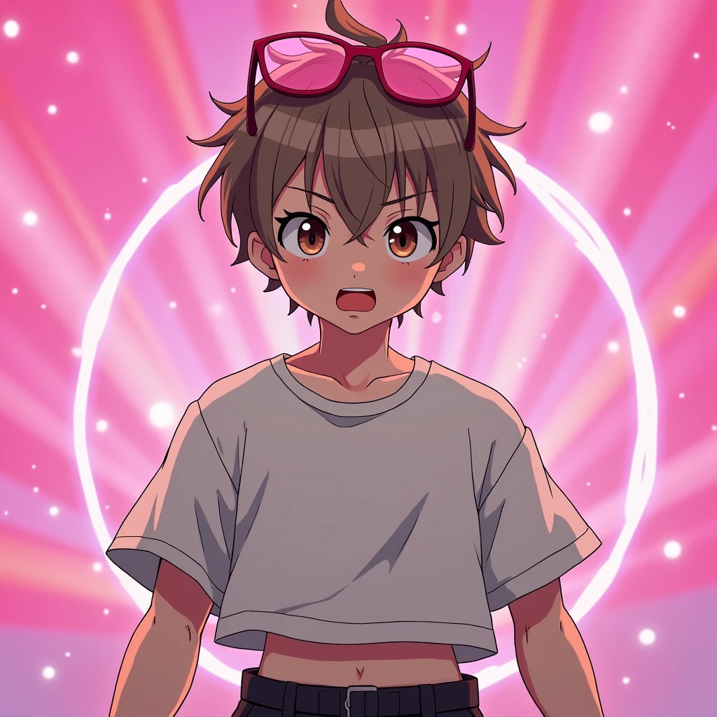 1boy avec les cheveux brun clair courts avec des yeux brun foncé et des lunette rose sur la tête avec un crop top avec des manches courtes en laine blanc et un cargo noir et il est fort rapproché de la caméra on voit sa tête en grand plan trés t’as rapproché de la caméra et il a un visage très expressif 
Fond rose flashy et un peu couleur arc-en-ciel 
Style anime