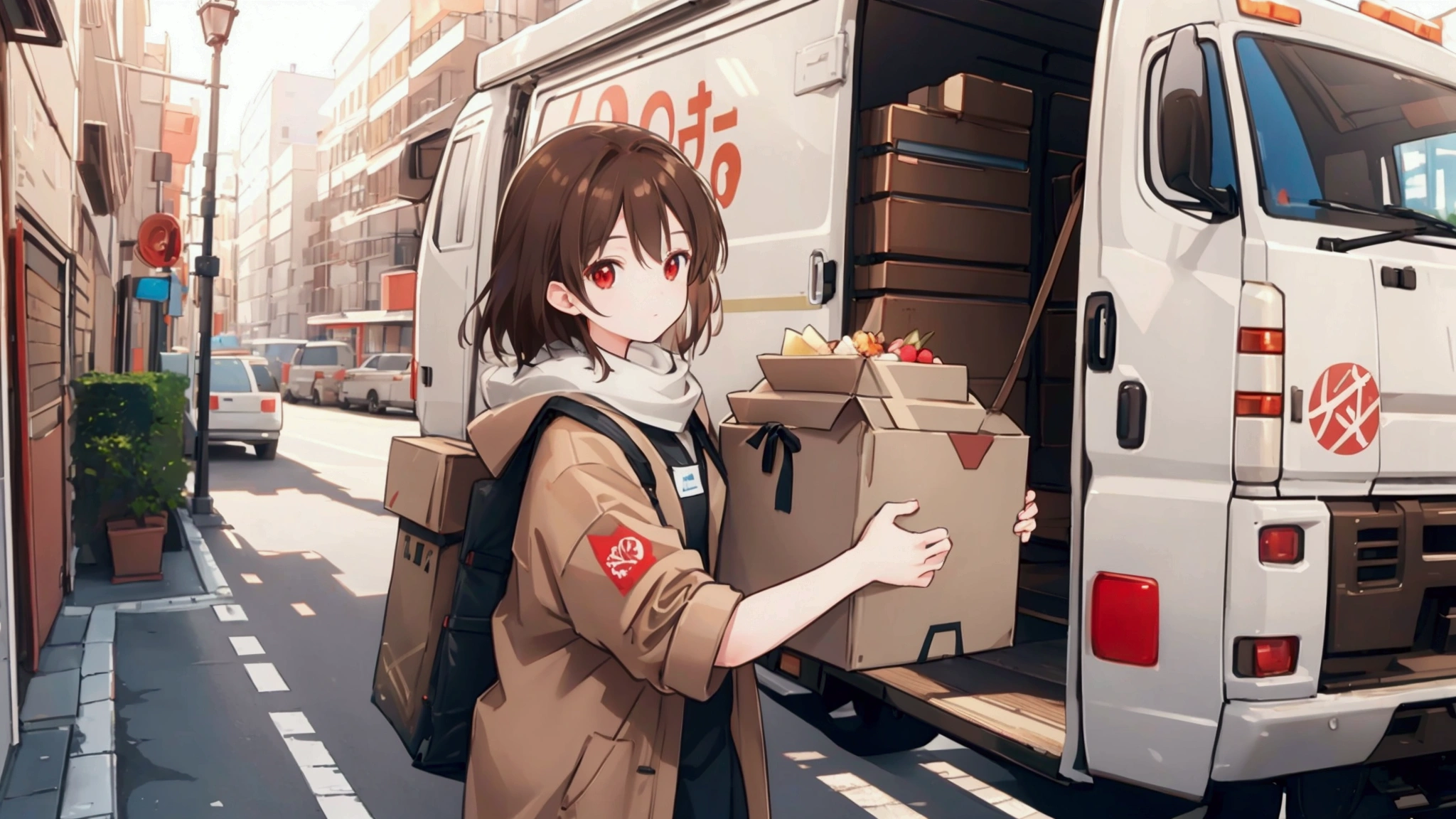 Light cargo,One person, masterpiece, Shortcuts, Brown Hair, Red eyes,  Wide-angle shot, Delivery Person,Baggage,Cardboard,Light van
