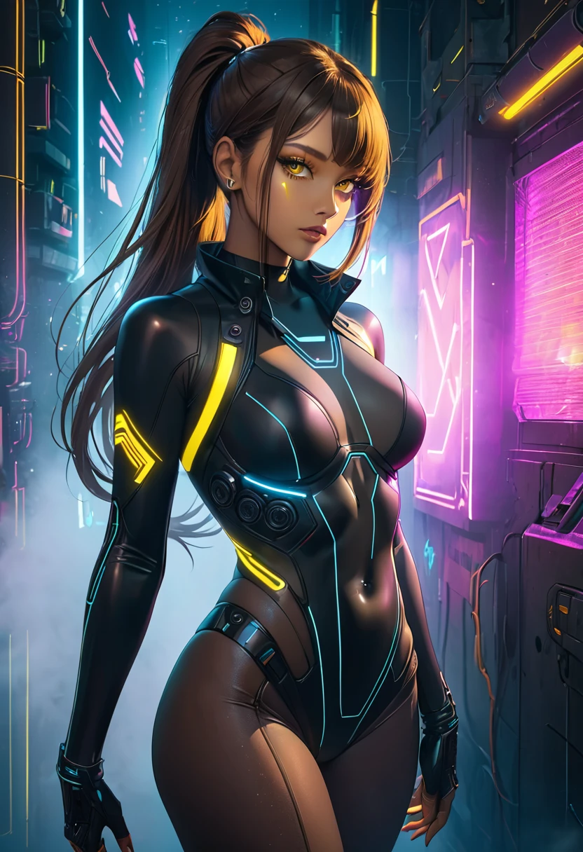 ((best quality)), ((Masterpiece)), (details), Young woman, Medium bust, brown hair, yellow eyes, ((long hair, ponytail)), handsome face, (Tanned skin:1.3), Long eyelashes, Thick eyelashes, cyberpunk, futuristic, cyberpunk bodysuit, neon light, Shading effect, Gradient magic effects, Fog filter effect, Glitter effect,Delicate and lively, artistic photography,Charming presence,elegant posture,