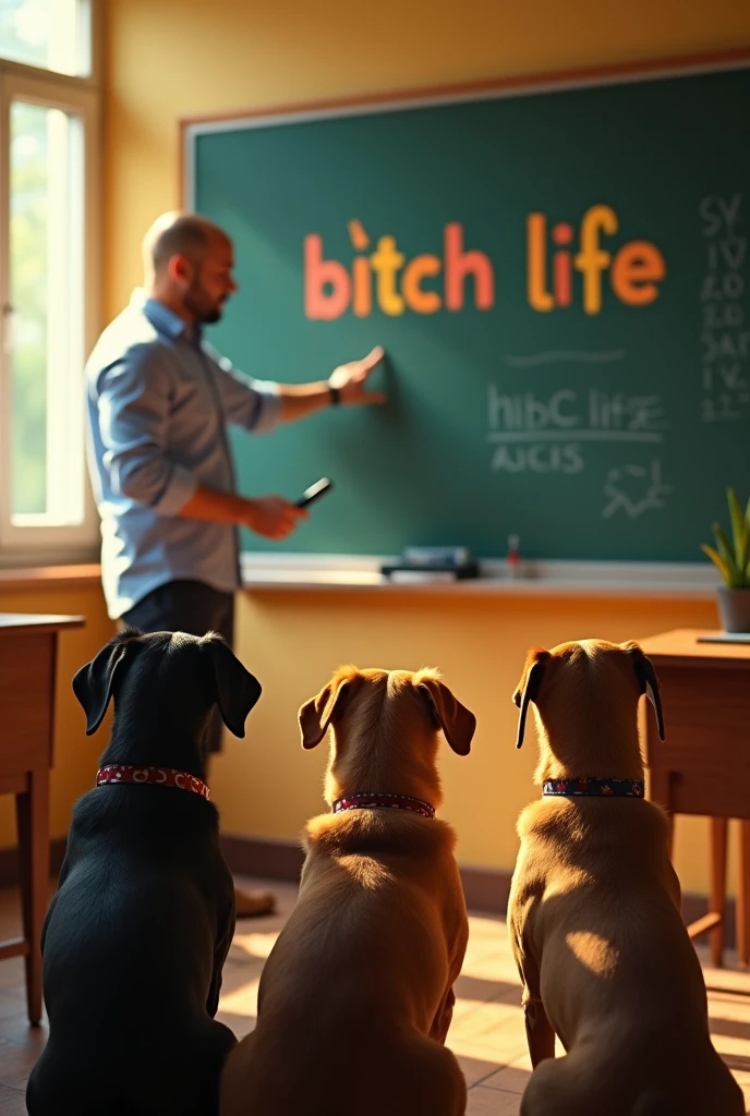 Three dogs sitting attentively pay attention to a class, looking at a blackboard, from which the teacher, A young man, attractive and bald, He points out some words in Spanish written on the board with original colored letters: “BITCH LIFE”. The image is illuminated by the morning sun, that enters through the windows into the classroom. In the photograph we can appreciate the chiaroscuros of the light, reflected in both the animals and the teacher, as in the classroom furniture