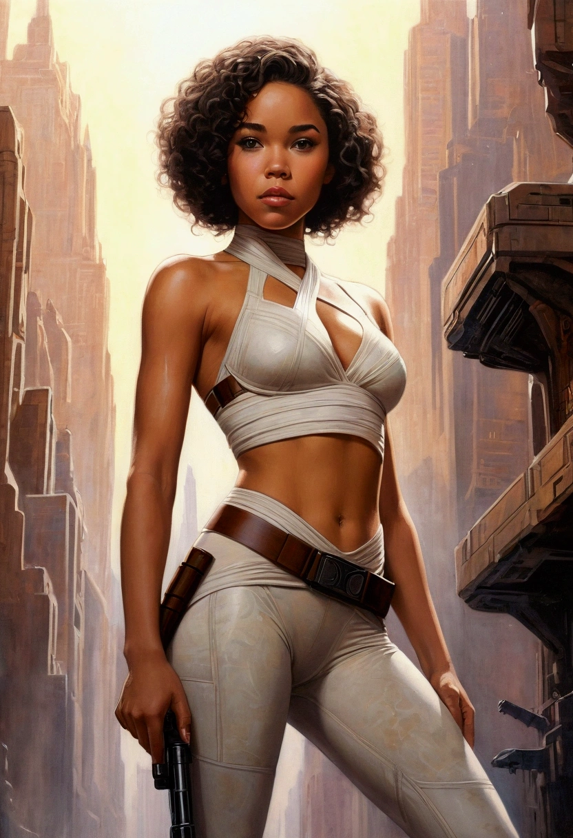 An illustrated movie poster, hand-drawn, full color, a teenage Jedi, 18-years-old, female, wearing a bralette and leggings, athletic hourglass figure, busty bosoms, full wide hips, massive round butt, long shapely legs, ridiculously thick powerful thighs, hazel eyes, dark hair, kinky curly bob cut, warm brown complexion, resembles Alexandra Shipp, standing above Coruscant, graphite shading, stencil marks, airbrushed acrylic paint, masterpiece, in the style of Drew Struzan 