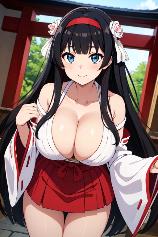 good quality, best quality, highres, absurdres, 8k, 4K, masterpiece, Girl in Japanese shrine maiden outfit, (Hime cut), (super long black hair),(((straight bangs, blunt bangs))),(White headband), Blue eyes, super long black hair, hair ornament, ribbon, smile, Showing her breasts, (Huge breasts:1.3), Cleavage, White kimono, Shoulder-exposing sleeves, open-chested costume, Short skirt, Red Skirt, (upskirt), cameltoe, leaning forward,