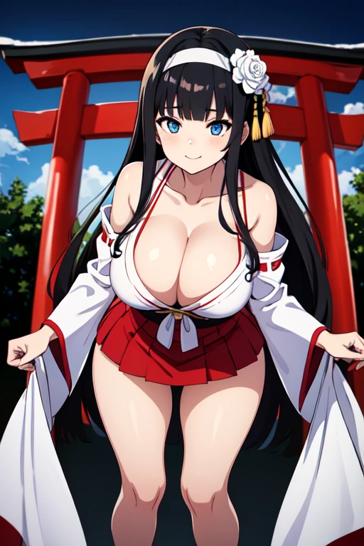 good quality, best quality, highres, absurdres, 8k, 4K, masterpiece, Girl in Japanese shrine maiden outfit, (Hime cut), (super long black hair),(((straight bangs, blunt bangs))),(White headband), Blue eyes, super long black hair, hair ornament, ribbon, smile, Showing her breasts, (Huge breasts:1.3), Cleavage, White kimono, Shoulder-exposing sleeves, open-chested costume, Short skirt, Red Skirt, (upskirt), cameltoe, leaning forward,