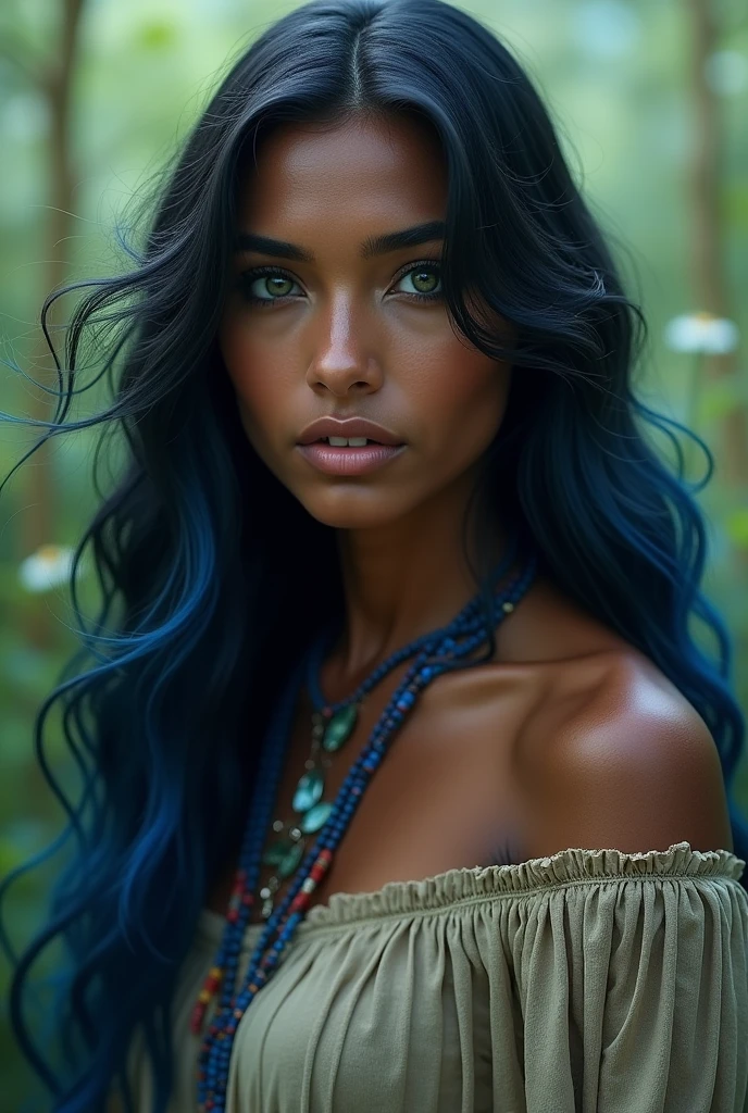 I want to create a long haired woman, and that it be black with blue tips. She is indigenous and her skin color is brown and she has black eyes with a little blue..