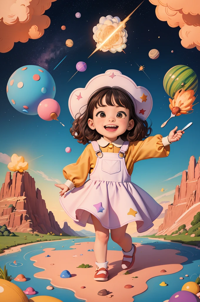 (masterpiece: 1.2, Highest quality),, Depth of written boundary, Highest quality, masterpiece, Create a high-quality, whimsical image featuring children who are excitedly trying to eat meteorites. The scene should depict several kids in a playful outdoor setting, such as a park or a backyard, with large, cartoonish meteorites scattered around. The meteorites should look exaggerated and colorful, as if they are part of a fun, imaginative game. The children should have enthusiastic expressions, as if they are eagerly trying to take bites out of the meteorites. Include details like comical utensils or exaggerated food-themed accessories, and ensure the overall style is vibrant and humorous.