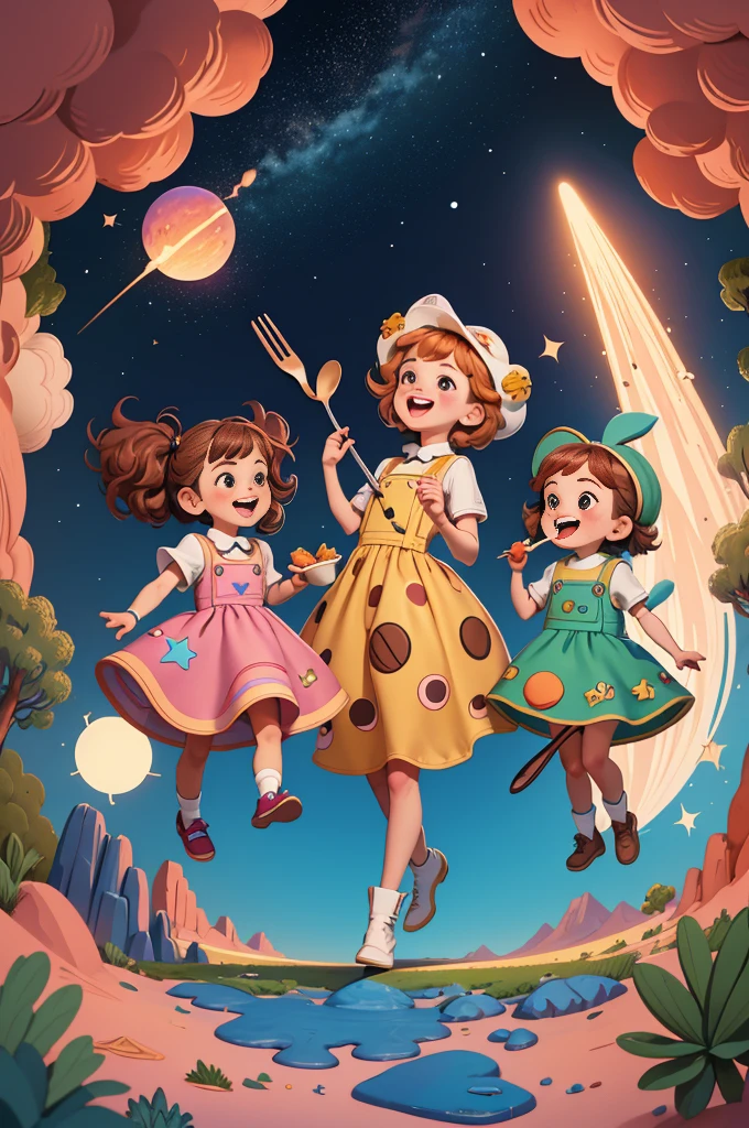 (masterpiece: 1.2, Highest quality),, Depth of written boundary, Highest quality, masterpiece, Create a high-quality, whimsical image featuring children who are excitedly trying to eat meteorites. The scene should depict several kids in a playful outdoor setting, such as a park or a backyard, with large, cartoonish meteorites scattered around. The meteorites should look exaggerated and colorful, as if they are part of a fun, imaginative game. The children should have enthusiastic expressions, as if they are eagerly trying to take bites out of the meteorites. Include details like comical utensils or exaggerated food-themed accessories, and ensure the overall style is vibrant and humorous.