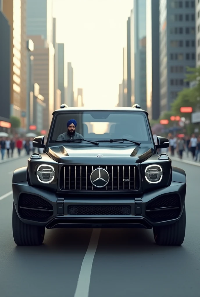 A boomerang of a g wagon black color in long broad road in City with a Sikh guy sitting in it