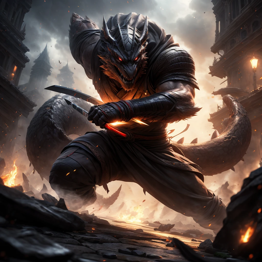a ninja assassin with dual blades fighting a giant ant monster in a fantasy world, hyperrealistic, 4k, photorealistic, extremely detailed, highly detailed, intricate details, dynamic action pose, dramatic lighting, cinematic composition, moody atmosphere, vibrant colors, (best quality,4k,8k,highres,masterpiece:1.2),ultra-detailed,(realistic,photorealistic,photo-realistic:1.37),studio lighting,physically-based rendering,professional,vivid colors,bokeh