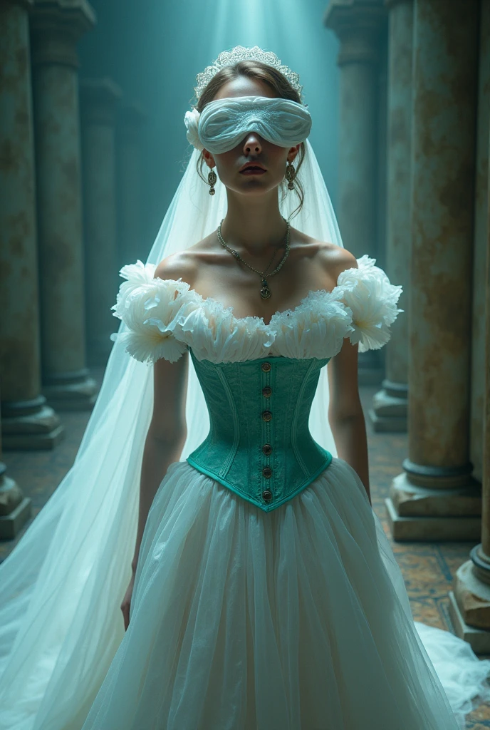 Bird´s-eye view, blindfolded White french woman with super extremly tight tiny waist and see through sheer turquoise corset, beautiful ta dress with petticoat, blindfolded and a long white veil, Bird´s-eye view, sf, intricate artwork masterpiece, ominous, matte painting movie poster, golden ratio, trending on cgsociety, intricate, epic, trending on artstation, by artgerm, h. r. giger and beksinski, highly detailed, vibrant, production cinematic character render, ultra high quality model