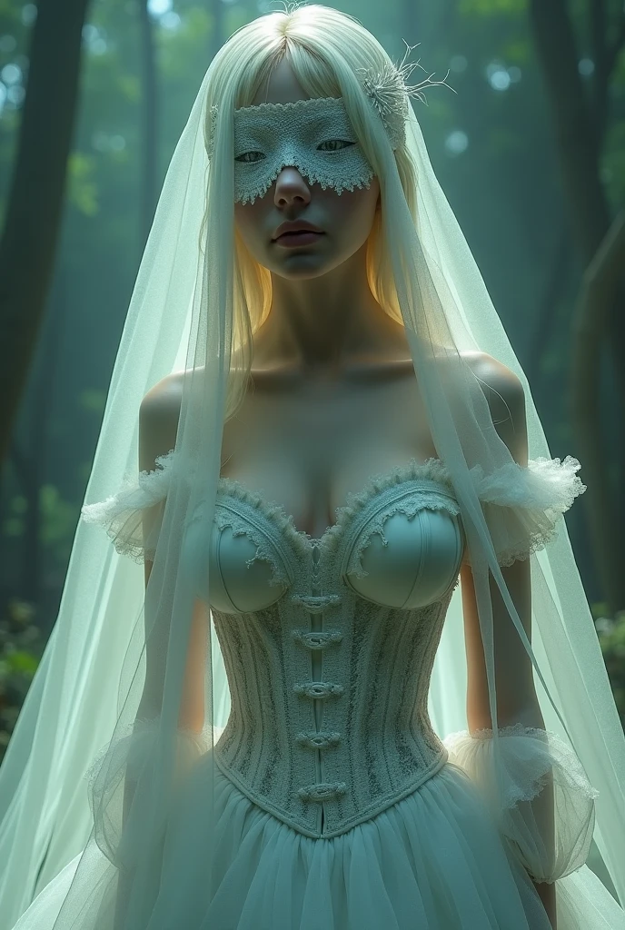 Bird´s-eye view, blindfolded White french woman with super extremly tight tiny waist and see through sheer turquoise corset, beautiful lolita dress with petticoat, blindfolded and a long white veil, Bird´s-eye view, sf, intricate artwork masterpiece, ominous, matte painting movie poster, golden ratio, trending on cgsociety, intricate, epic, trending on artstation, by artgerm, h. r. giger and beksinski, highly detailed, vibrant, production cinematic character render, ultra high quality model