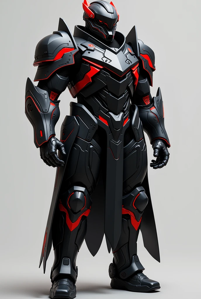 Create me a full military suit with black coating and a sharp red design for an empire called EDORON