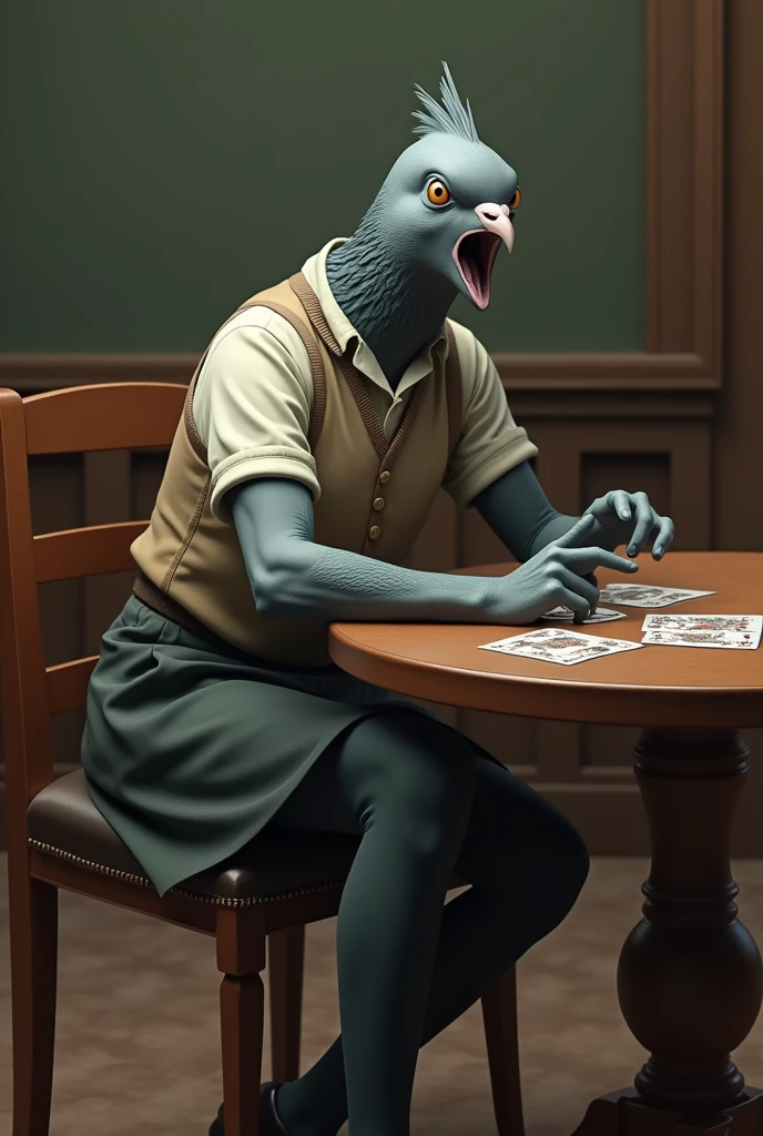 ((Highest quality)), ((masterpiece)), (detailed), 怒りの表情で口を開けたGray female pigeonがオフホワイトで襟付きのshort-sleeved shirtに薄茶色のベストを着てひざ丈の黒いスカートに濃い緑の靴下と黒の靴を履いて、He is playing cards at the table and pointing at me、(Gray female pigeon)、(short-sleeved shirt)、Photorealistic images。