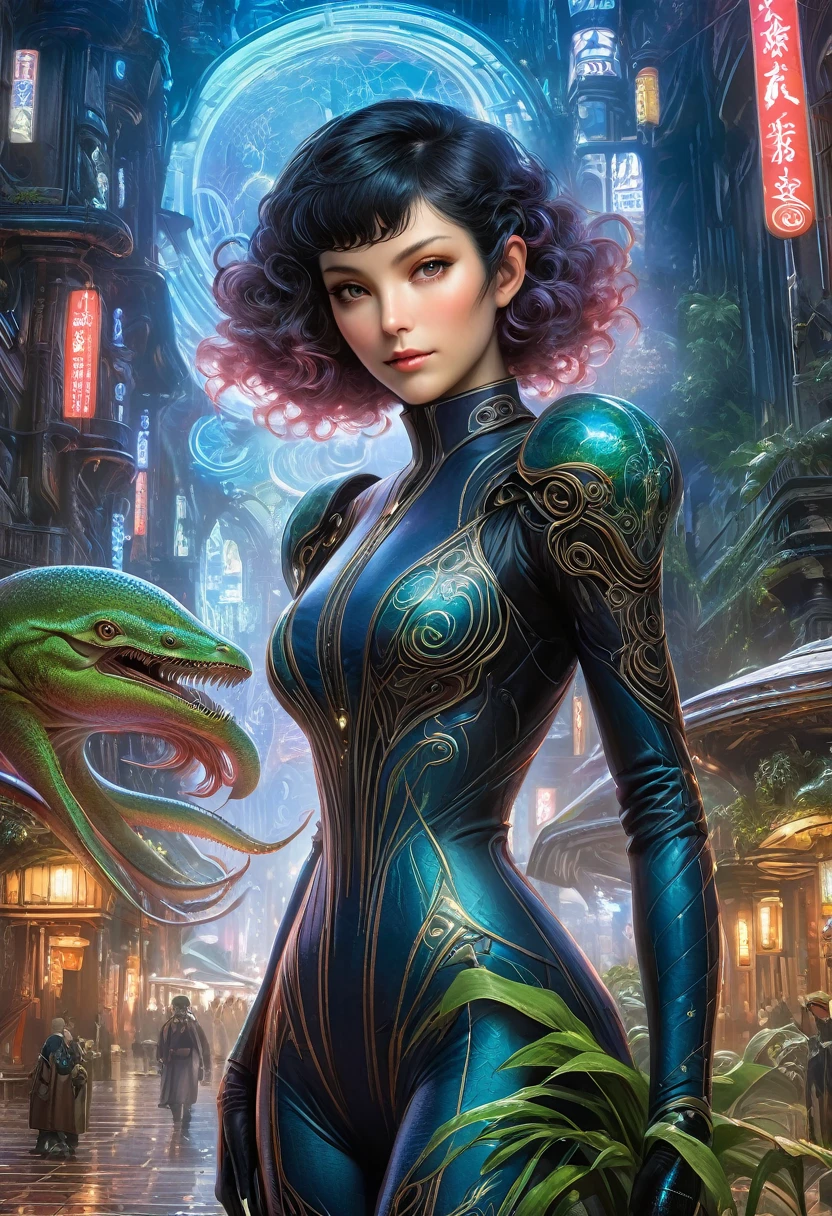 best quality,4k,8k,highres,masterpiece:1.2,ultra-detailed,realistic:1.37,HDR,UHD,studio lighting,ultra-fine painting,sharp focus,physically-based rendering,(Yoshitaka Amano style:1.1),SFW,(safe for work), An italian woman and her guardian familiar, mystical creature,otherworldly creature,enchanting companions,wearing stylish futuristic clothes,inspired by Phantasy Star Online, dynamic poses, (The woman, with her eyes brightly colored, no makeup and her italian facial features elegantly detailed, adding to her allure. Dressed in elegant casual clothes with a stylish futuristic jacket.),(She has beautiful short curly black hair), (She is accompanied by a guardian, a vegetal creature with exquisite carnivorous plant features resembling a kraken. The creature's presence adds a sense of wonder and magic to the scene.), (The woman and her companion stand in a dark and gothic city, a modern metropolis with exotic alien plants, and vibrant signs. The colors are vibrant, with a mixture of dark blues, olive, and pale reds creating a dreamlike atmosphere.), (The lighting is soft but illuminating, casting a gentle glow on both the woman and the creature.), (The overall composition has a realistic and photorealistic quality, capturing the essence of the scene in intricate detail.), (The art style is inspired by Yoshitaka Amano, known for his ethereal and otherworldly illustrations. The combination of realistic elements with the artist's unique style creates a captivating and visually stunning image.),Greg Rutkowski