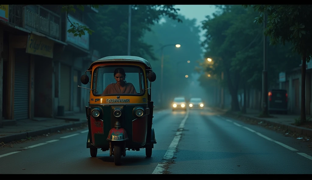 A woman sitting on an auto rickshaw on the way to the cremation forest at dark night