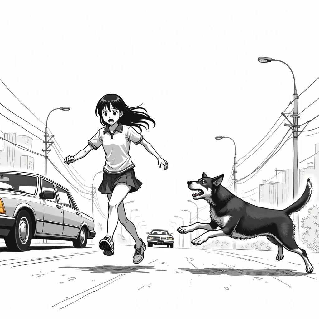 Japanese high school girl in tennis clothes, panicked, Tokyo street, oncoming car, dog bravely jumps out to save her life, tense atmosphere, busy city background Japanese comic book, white background, black and white, ink lines, long shot