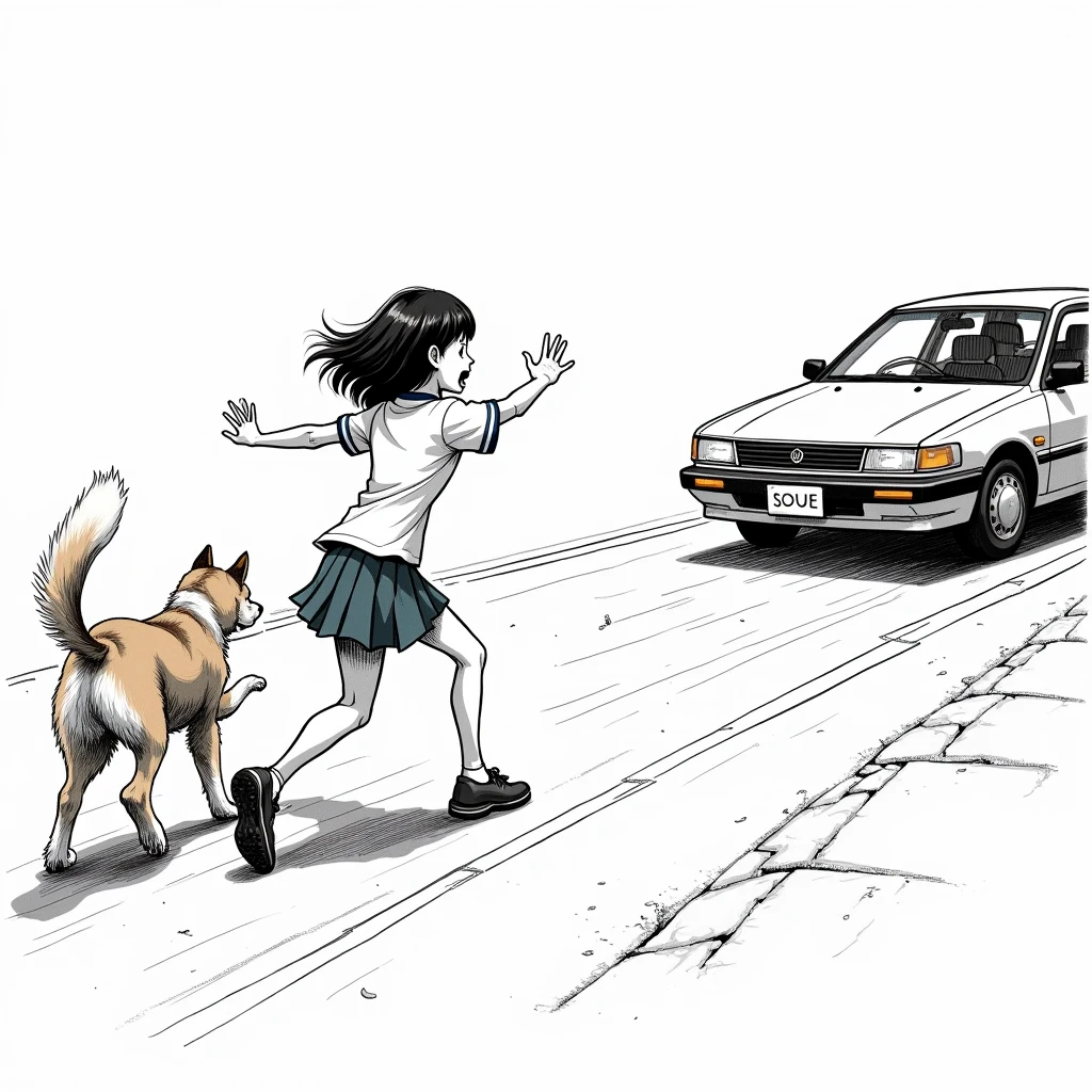 Japanese high school girl in tennis clothes, panicked, Tokyo street, oncoming car, dog bravely jumps out to save her life, tense atmosphere, busy city background Japanese comic book, white background, black and white, ink lines, long shot